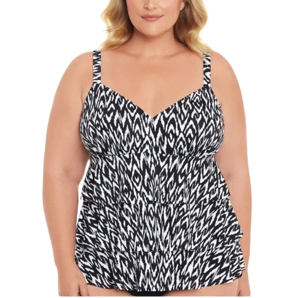 SWIM SOLUTIONS Women's Black Tiered Fauxkini One Piece Swimsuit - Picture 2 of 15
